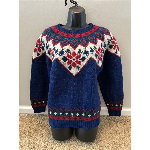 Vintage 1990 Eddie Bauer Sweater Medium 100% Wool Fair Isle Chunky Womens Blue - Picture 1 of 9